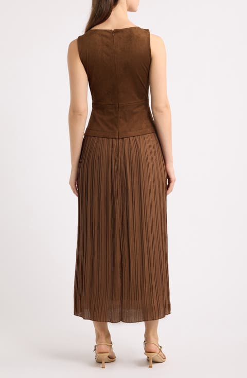 Sleeveless Faux Suede Mixed Media Midi Dress
