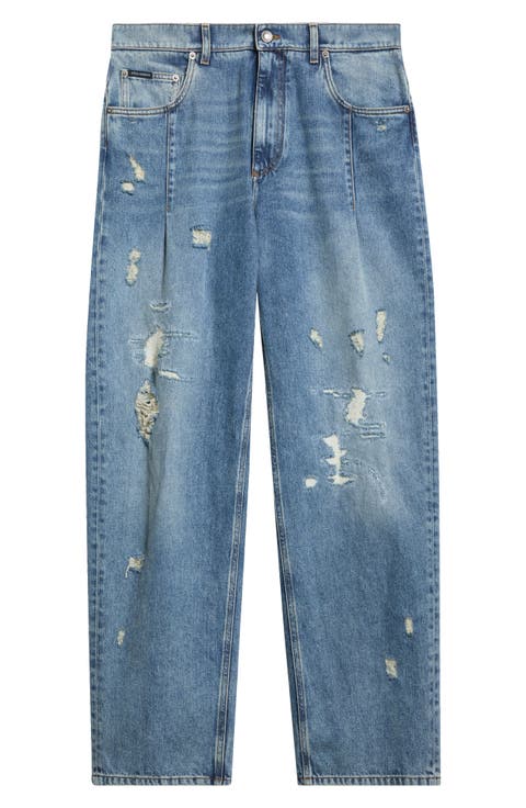 Distressed Pleated Straight Leg Jeans