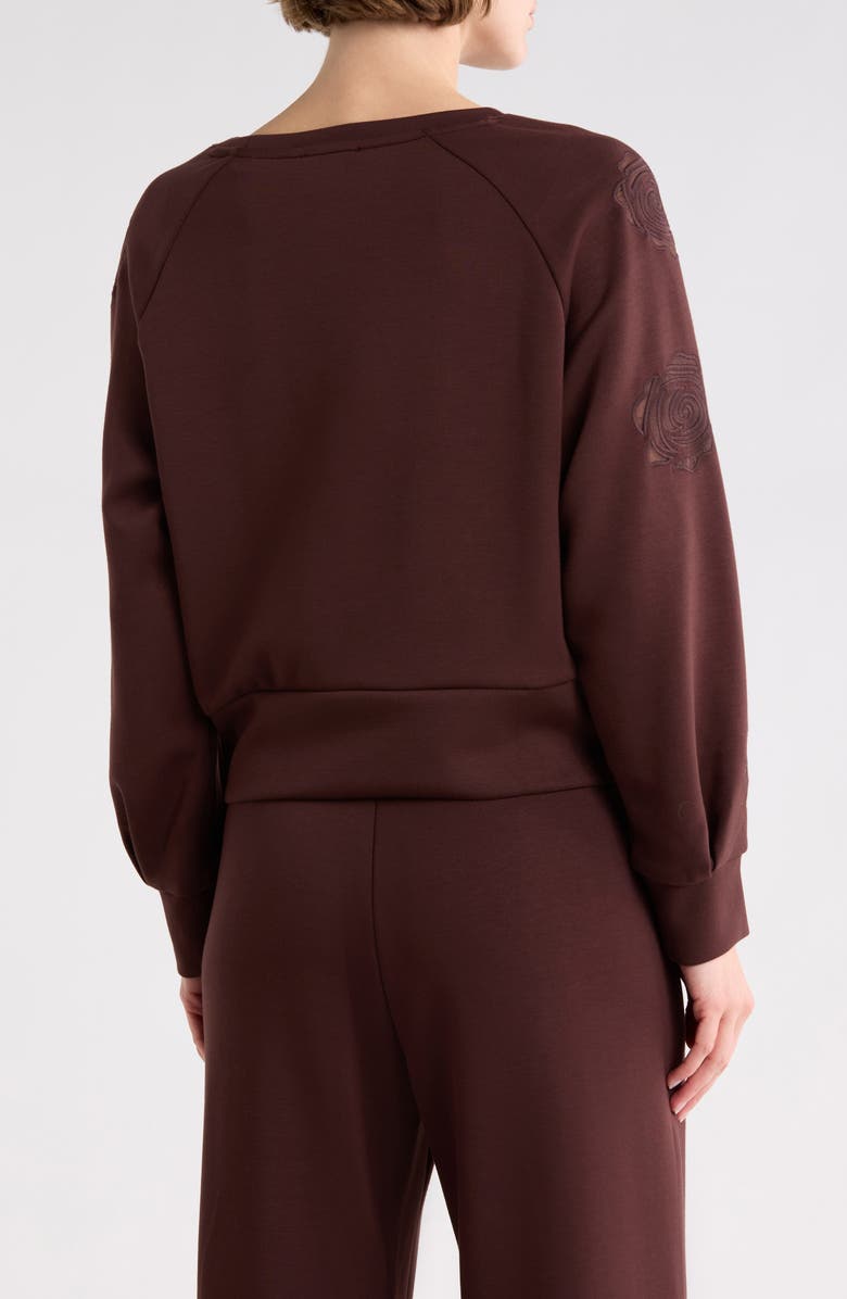 T Tahari Rose Embroidered Scuba Knit Crewneck Top, Alternate, color, Chocolate