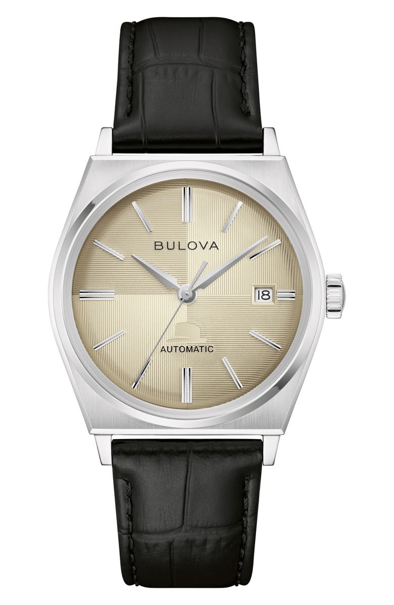 BULOVA Frank Sinatra 'Nothing but the Best' Automatic Leather Strap Watch, 37mm, Main, color, Gold/ Black
