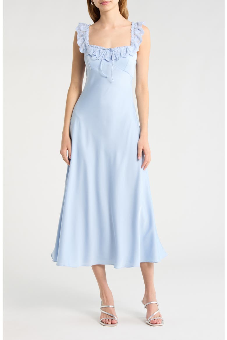 Makiya Lace Trim Satin Dress, Main, color, BLUE