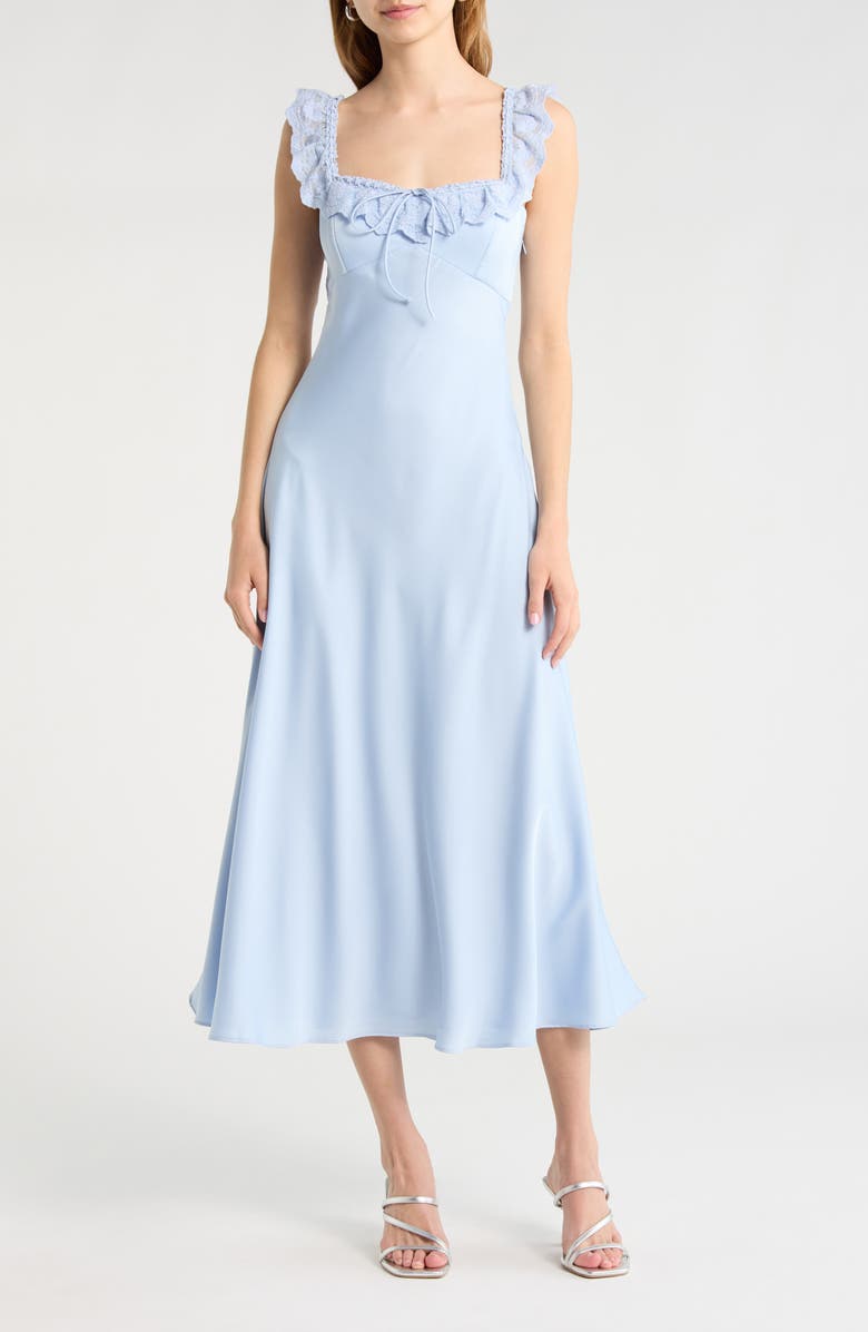 ASTR the Label Makiya Lace Trim Satin Dress, Main, color, Blue
