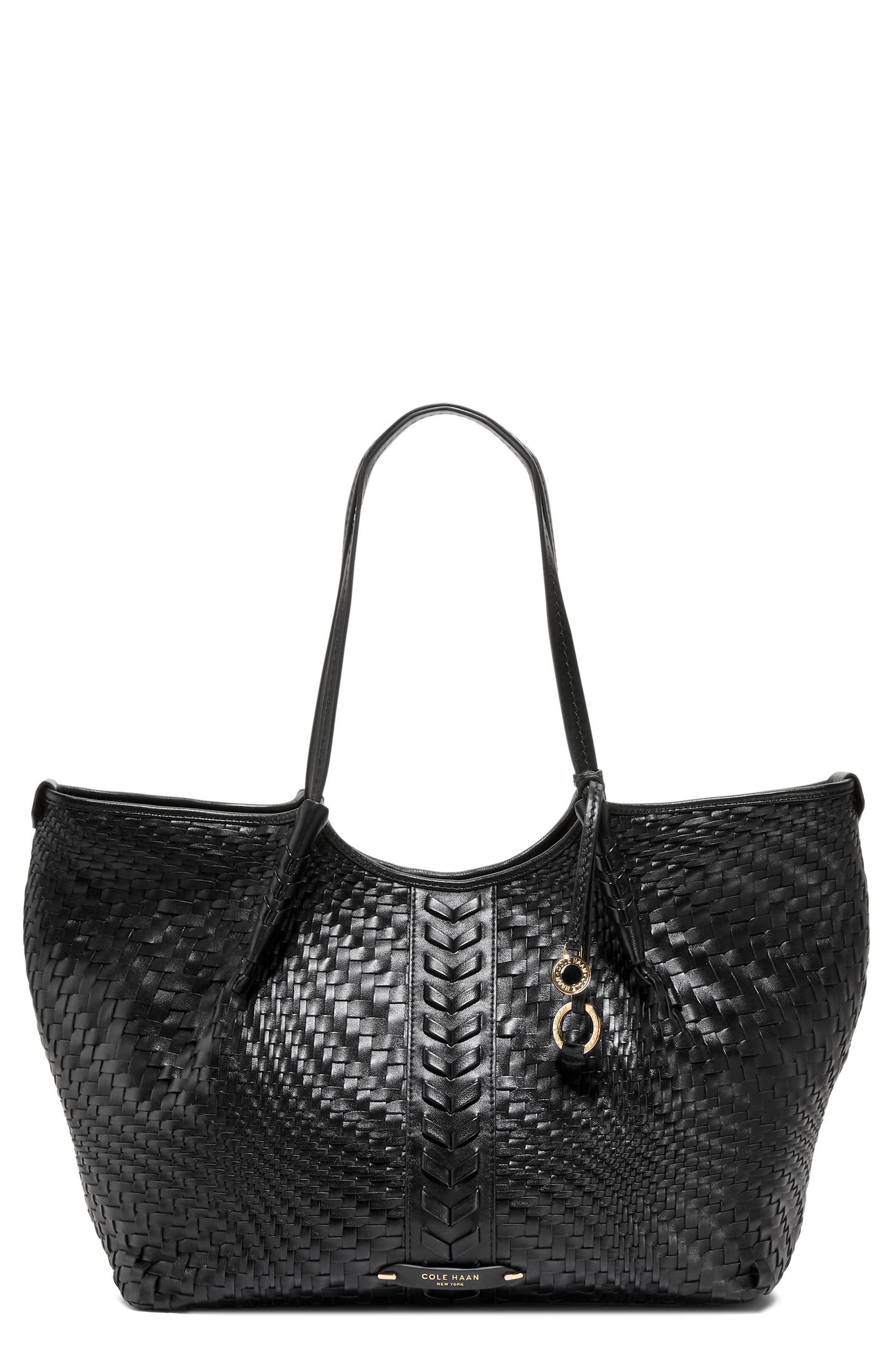 Isabella Slouchy Woven Leather Tote, Main, color, BLACK