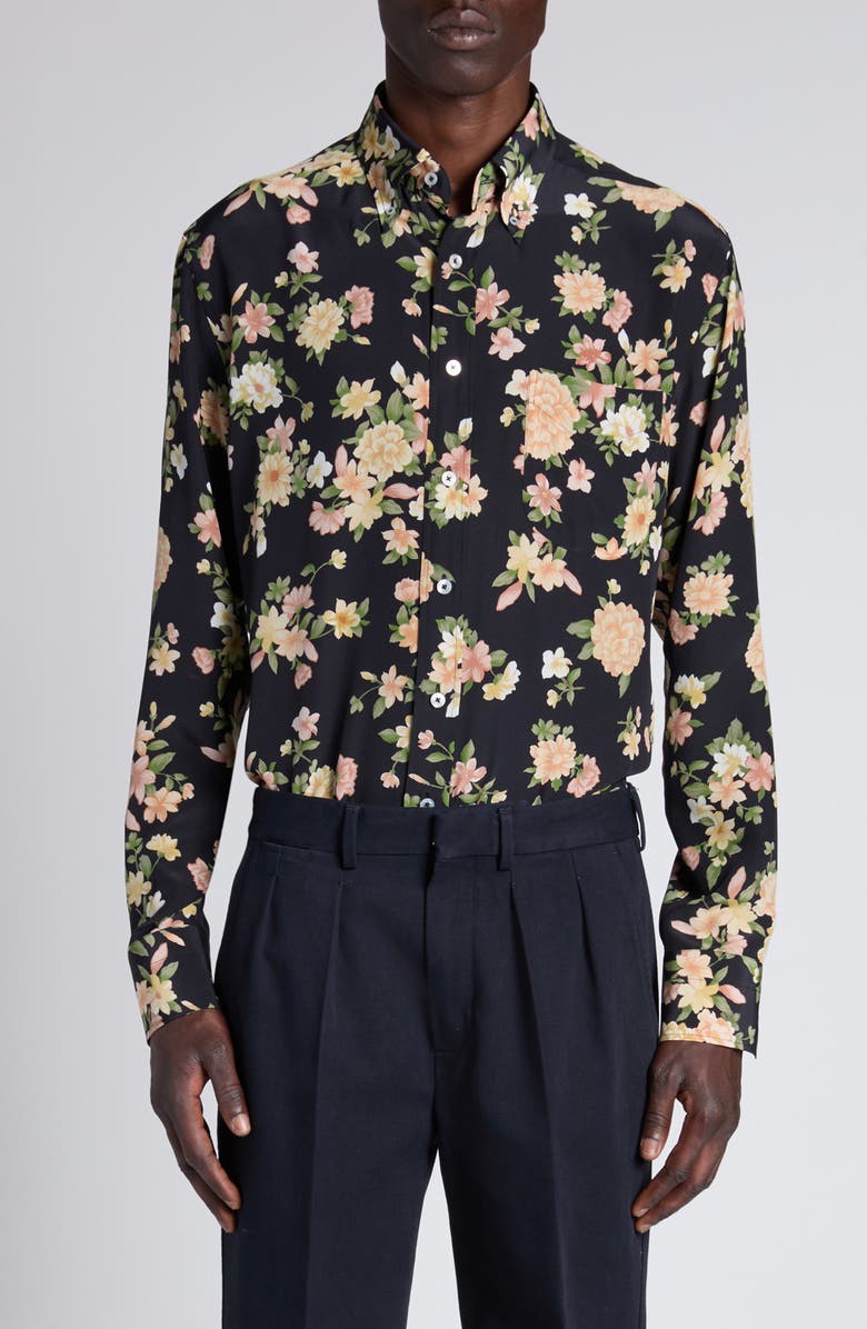 TOM FORD Hendrix Floral Silk Button-Down Shirt, Main, color, Zdpco Combo Pink/ Orange