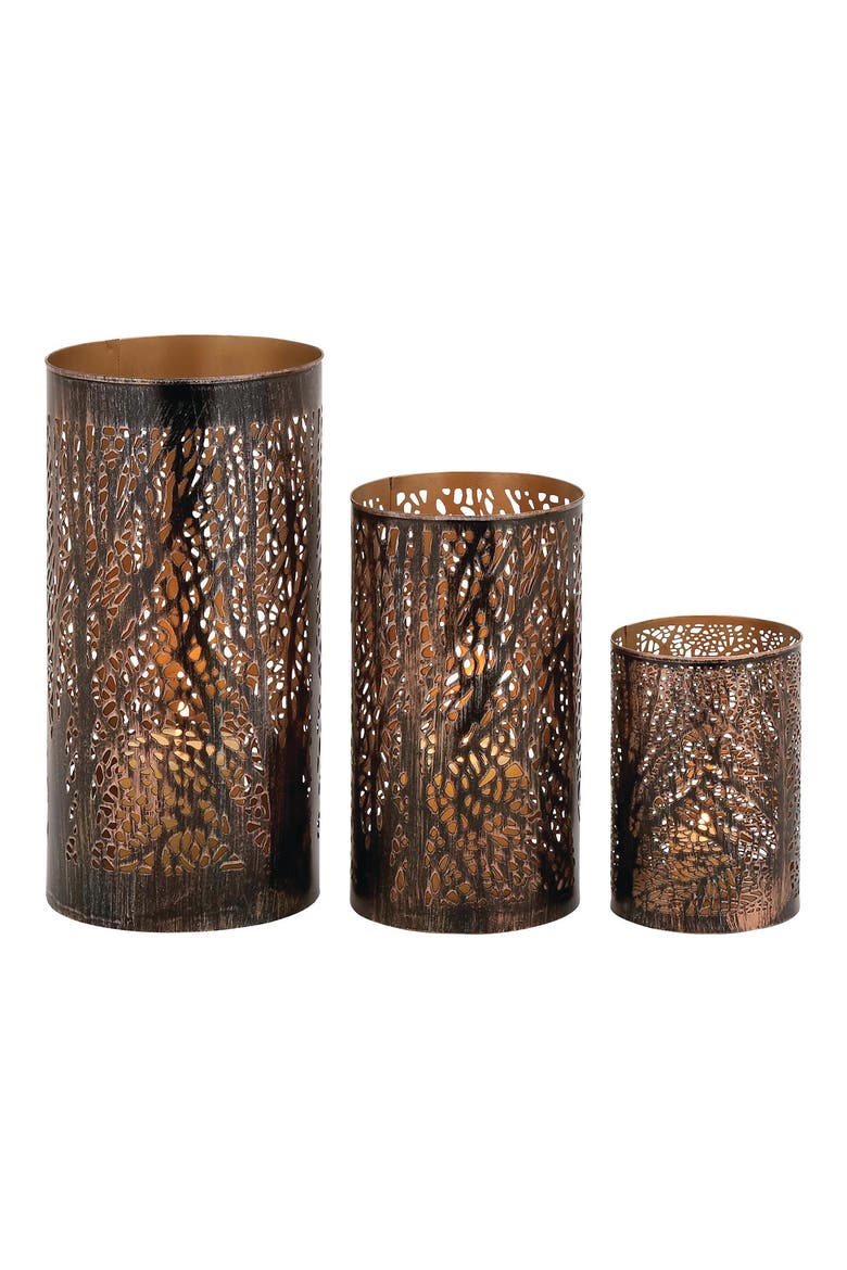 Set of 3 Textured Metal Lantern Candle Holders, Main, color, BRONZE