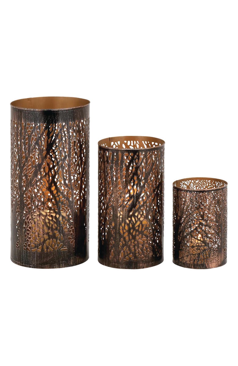 WILLOW ROW Set of 3 Textured Metal Lantern Candle Holders, Main, color, Bronze