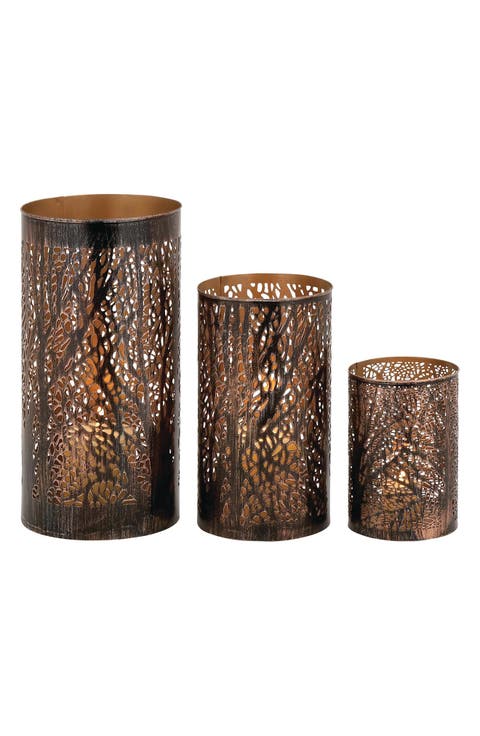 Set of 3 Textured Metal Lantern Candle Holders