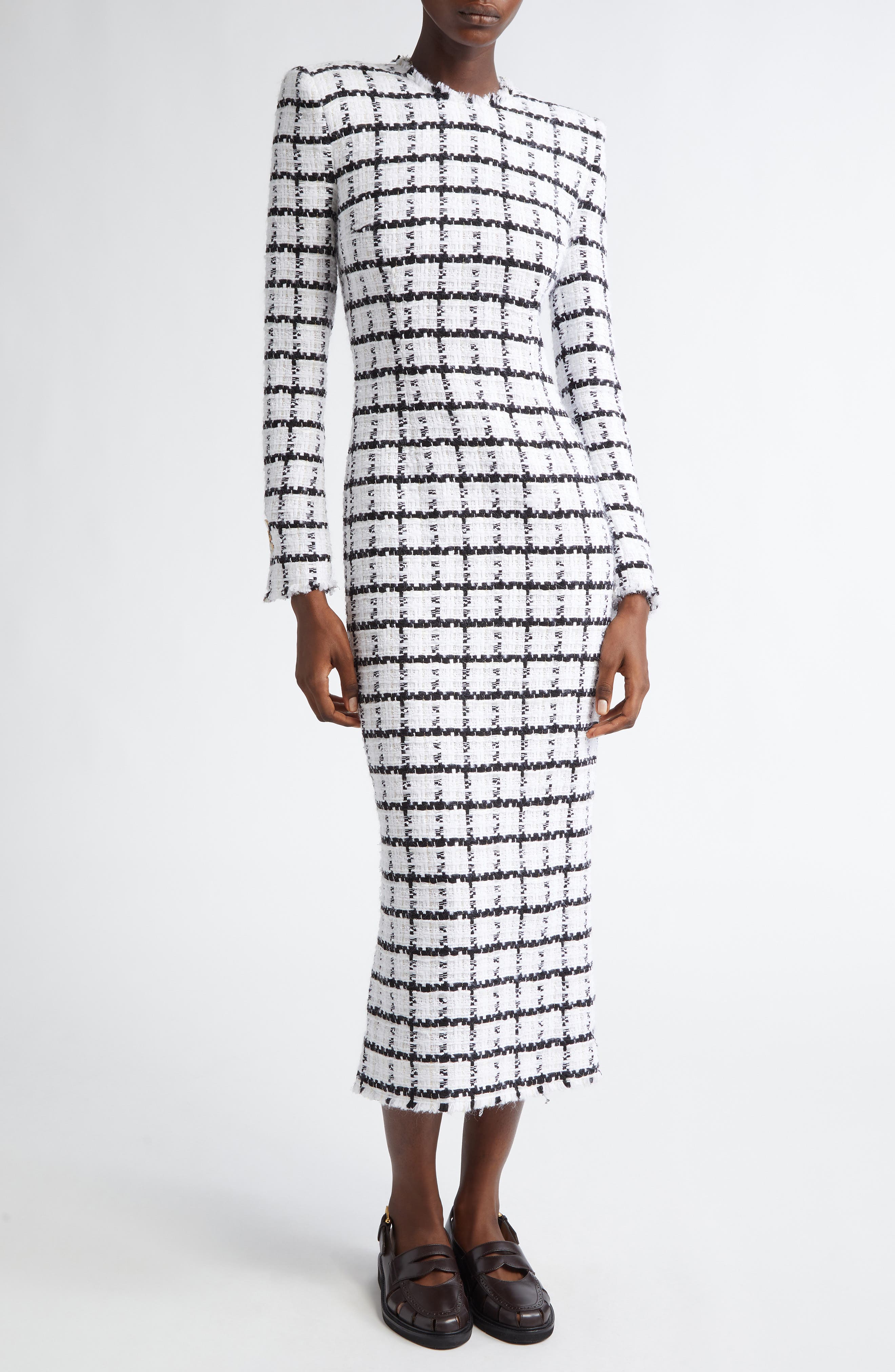 Windowpane Check Tweed Long Sleeve Sheath Dress (Women) | Nordstrom
