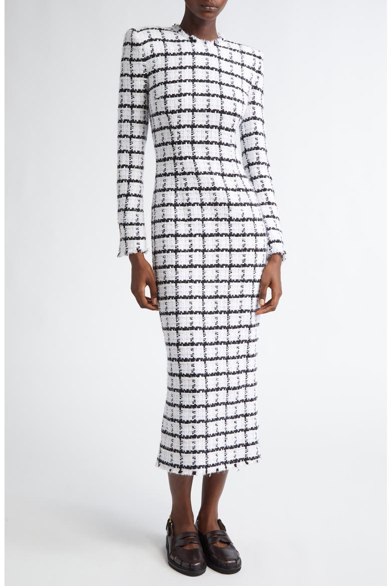 Windowpane Check Tweed Long Sleeve Sheath Dress, Main, color, WHITE