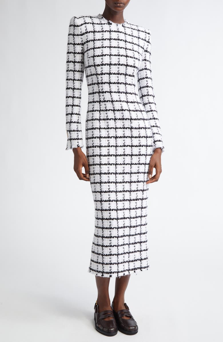 Thom Browne Windowpane Check Tweed Long Sleeve Sheath Dress, Main, color, White