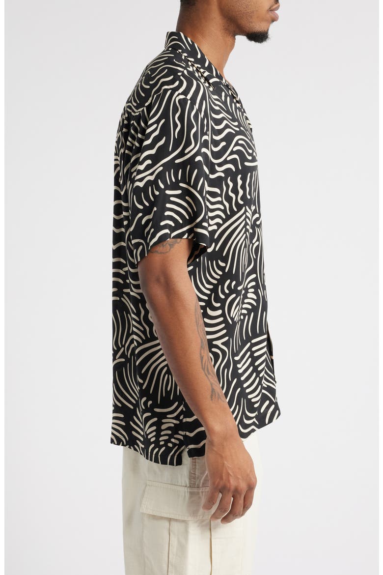 Lorenzo Abstract Botanic Print Viscose Camp Shirt, Alternate, color, BLACK