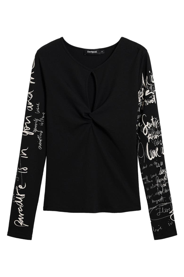 Cutout Long Sleeve Cotton Graphic T-Shirt, Alternate, color, BLACK
