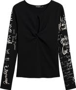 Desigual Cutout Long Sleeve Cotton Graphic T-Shirt