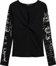 Desigual Cutout Long Sleeve Cotton Graphic T-Shirt