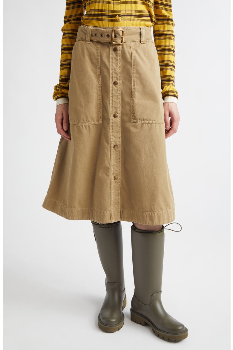 Belted Cotton A-Line Skirt, Main, color, BEIGE