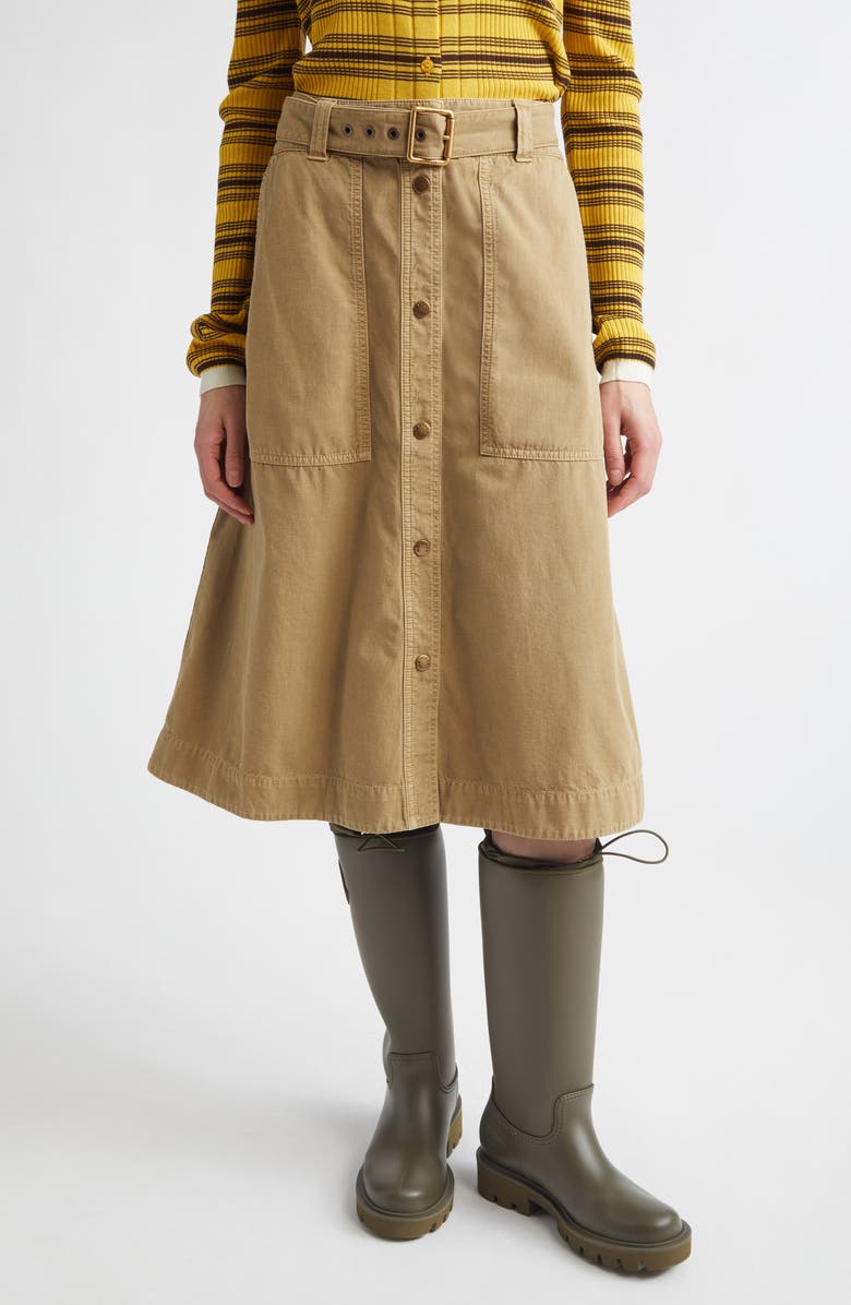 Moncler Belted Cotton A-Line Skirt, Main, color, Beige