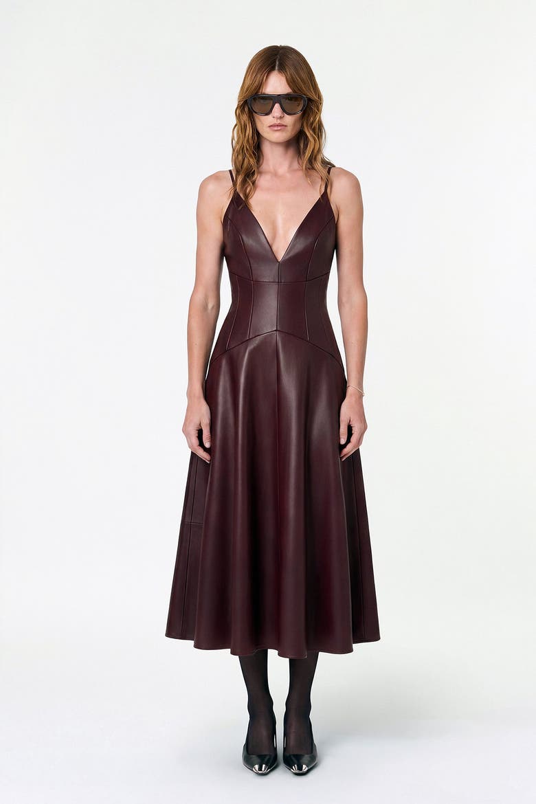 Nora Vegan Leather Plunge Neck Dress, Main, color, OXBLOOD