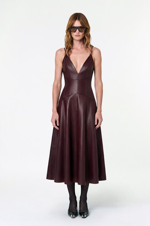 Nora Vegan Leather Plunge Neck Dress