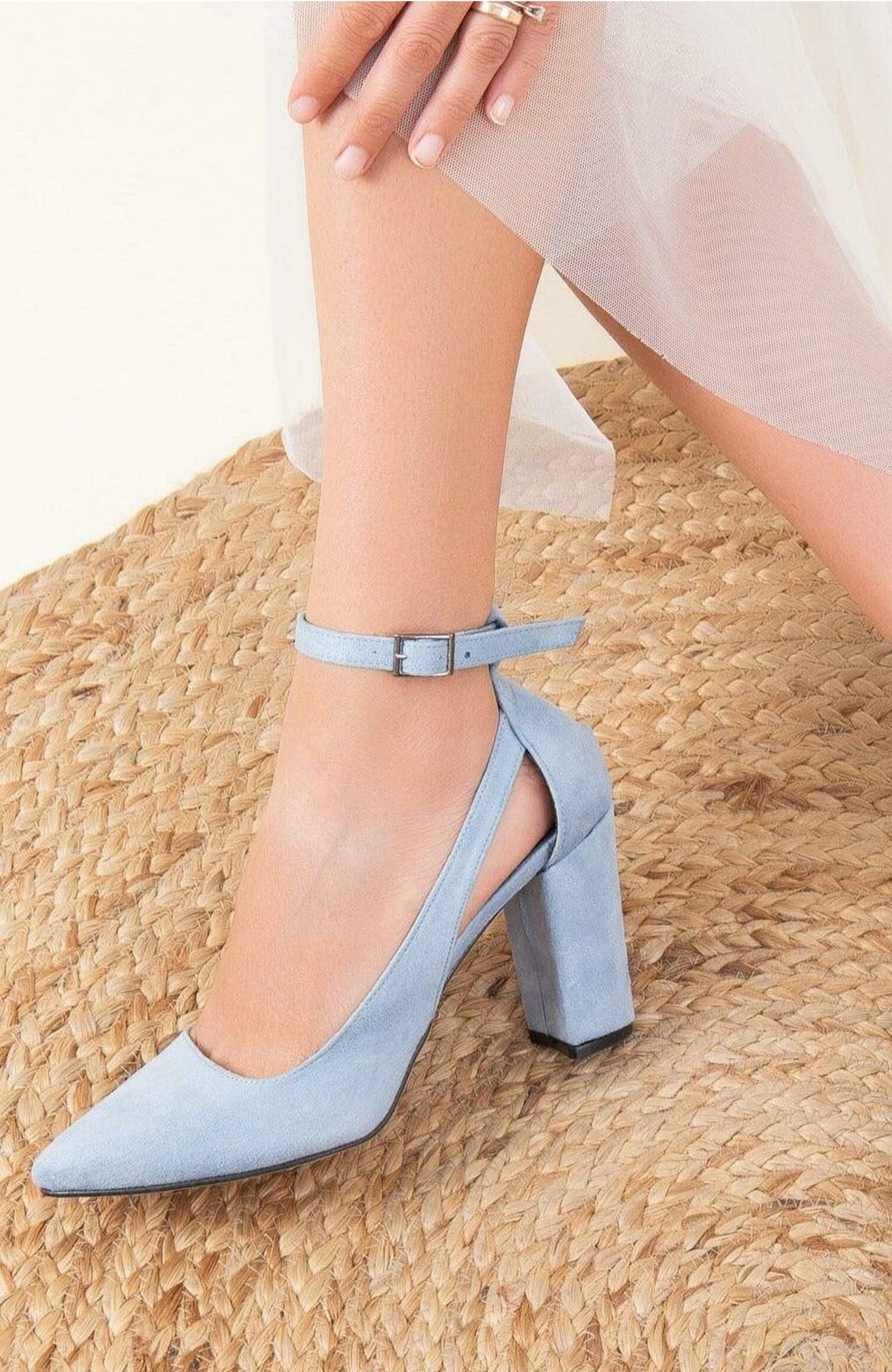 Forever & Always Shoes Colette Pointed Toe High Block Heels, Alternate, color, Baby Blue Suede
