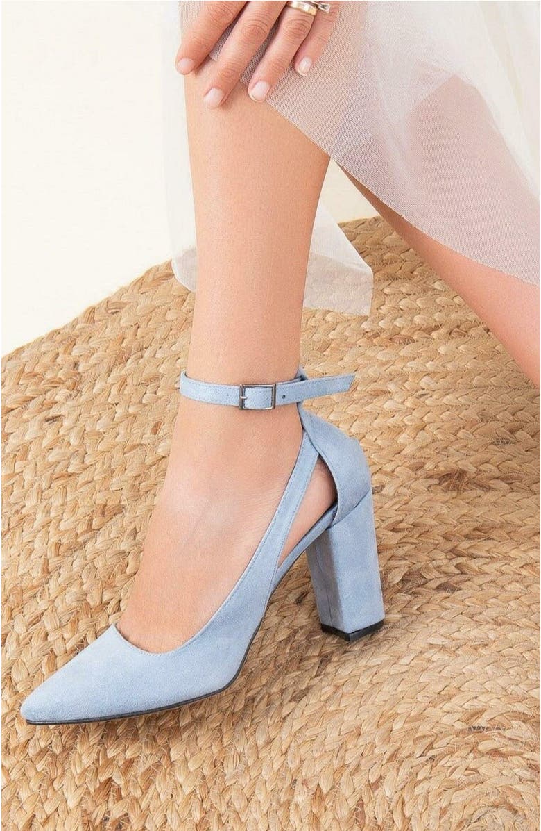 Forever & Always Shoes Colette Pointed Toe High Block Heels, Alternate, color, Baby Blue Suede