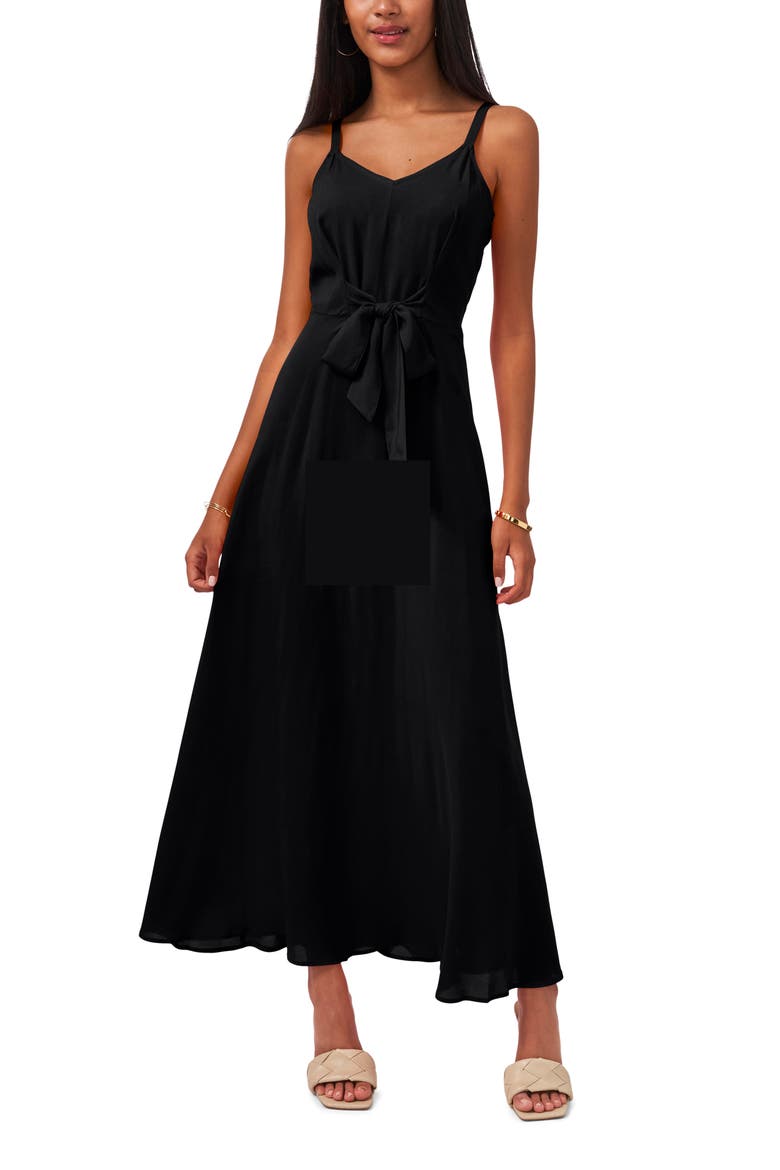 Tie Front Challis Sleeveless Maxi Dress, Main, color, RICH BLACK