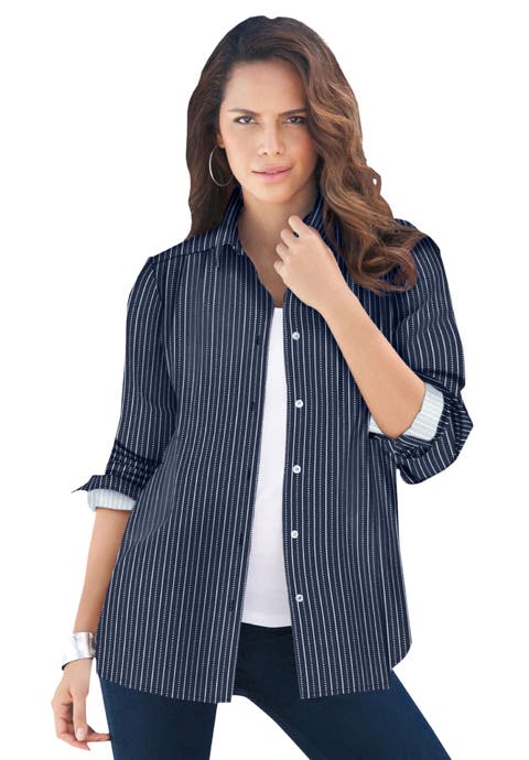 Plus Size Kate Long Sleeve Easy Cotton Blend Button Front Shirt