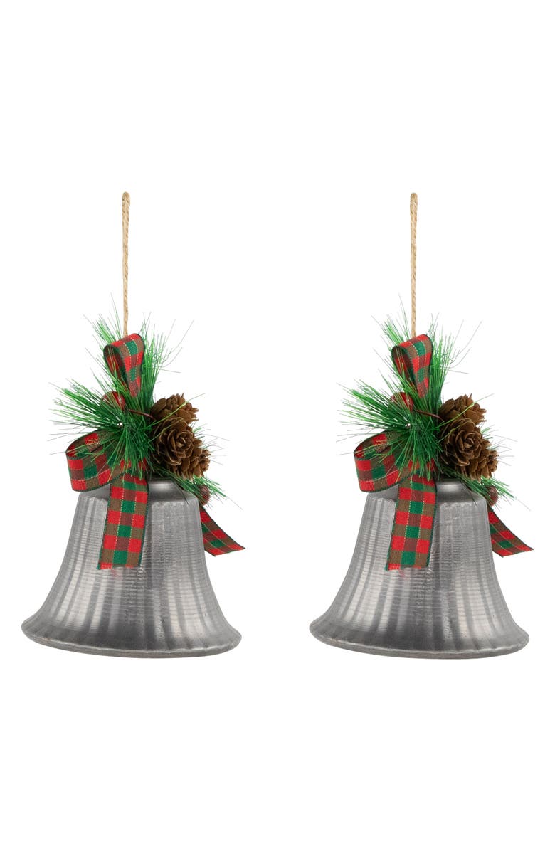 Northlight Bells with Pine Sprigs and Plaid Bow Christmas Ornaments - 7" - Silver - Set of 2, Alternate, color, Silver
