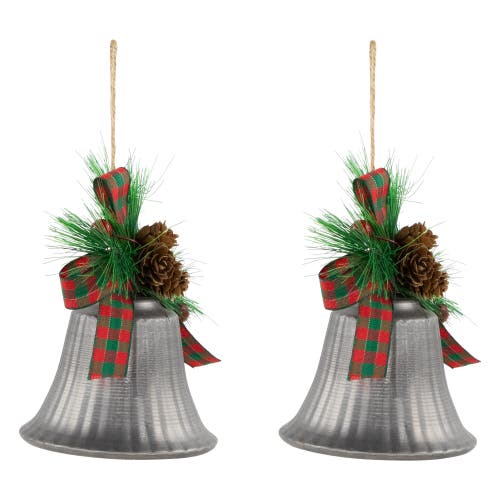 Northlight Bells With Pine Sprigs And Plaid Bow Christmas Ornaments In Silver