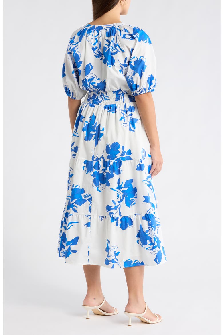 Aby Floral Hacienda Puff Sleeve Midi Dress, Alternate, color, WHITE-COBALT-MULTI