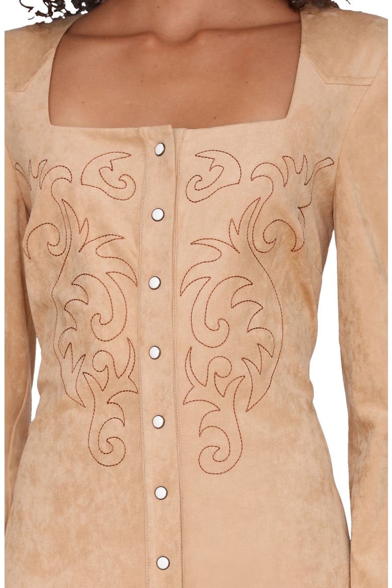 Western Embroidery Long Sleeve Faux Suede Dress, Alternate, color, BISCUIT