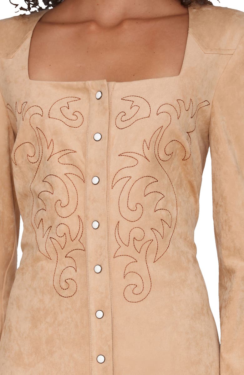 Avec Les Filles Western Embroidery Long Sleeve Faux Suede Dress, Alternate, color, Biscuit