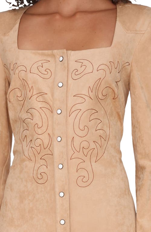 Avec Les Filles Western Embroidery Long Sleeve Faux Suede Dress In Neutral