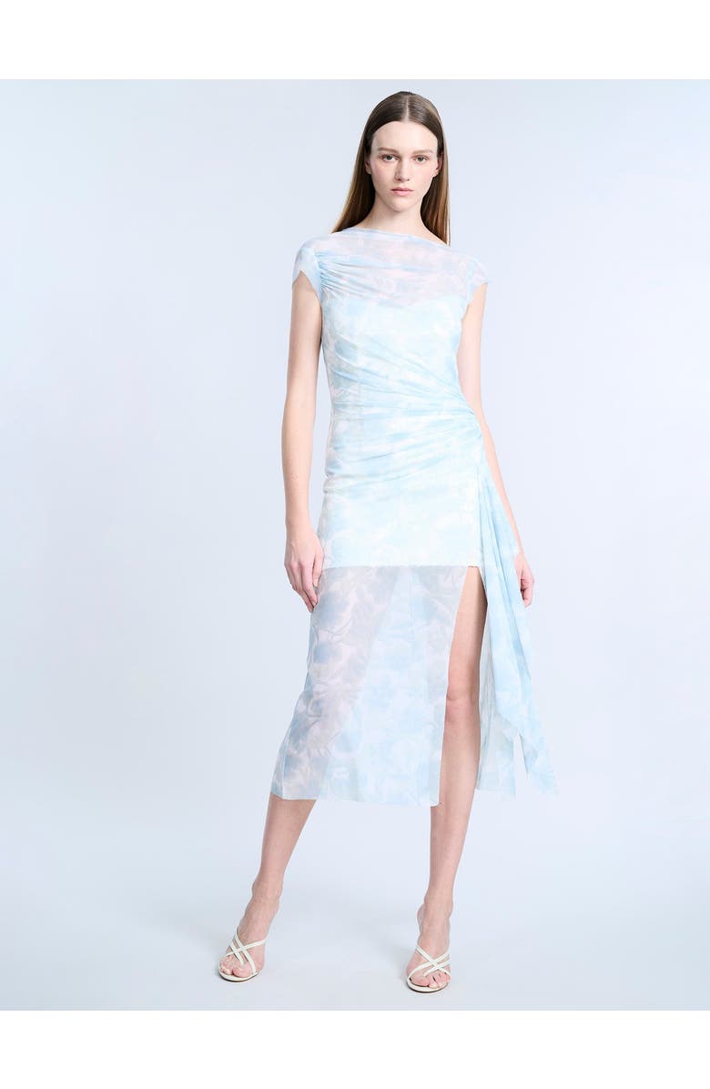BCBGMAXAZRIA Mesh Sequin Midi Dress, Alternate, color, Sky Floral Print