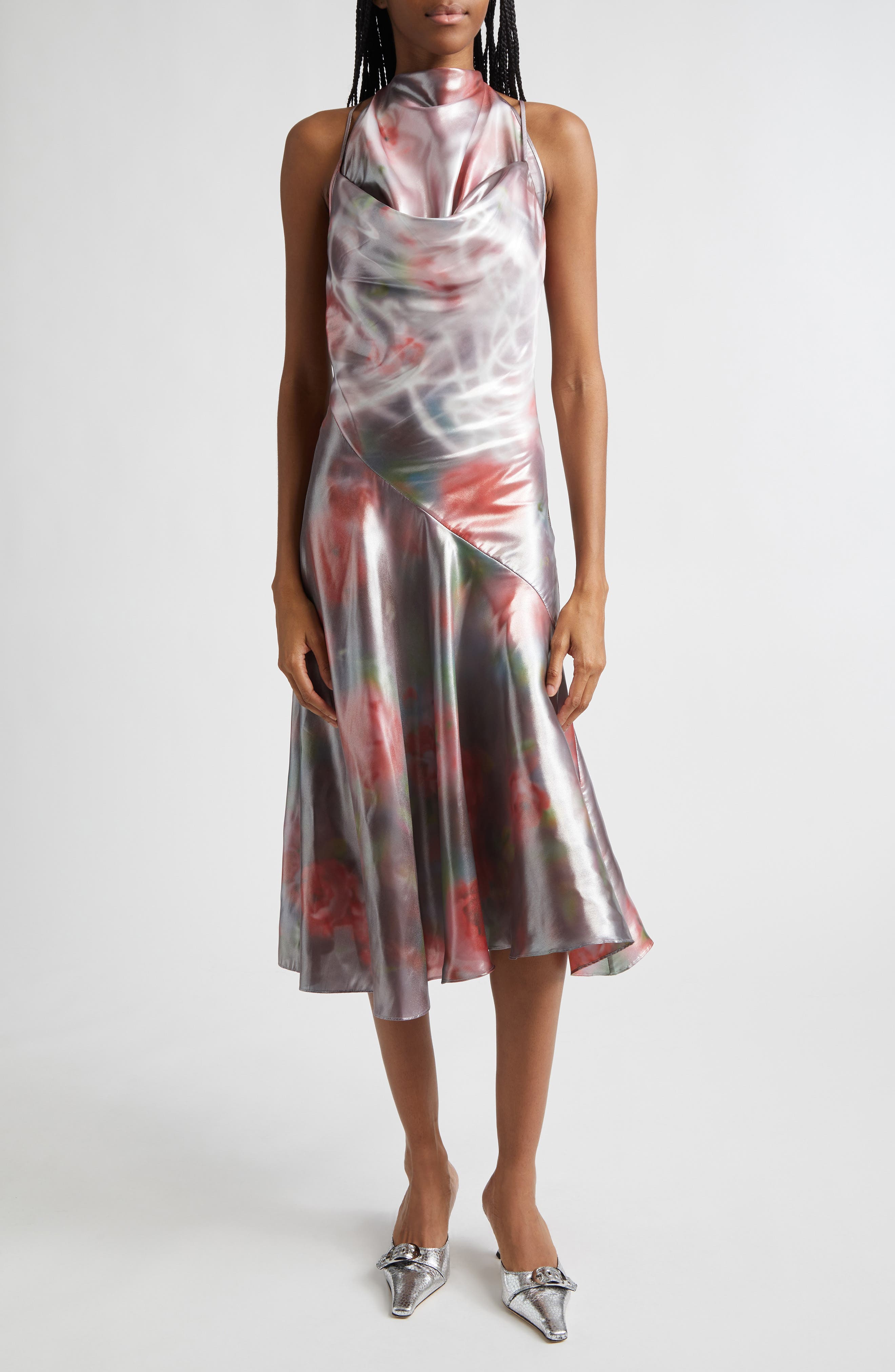 D-Ebra Halter Foiled Georgette Midi Dress