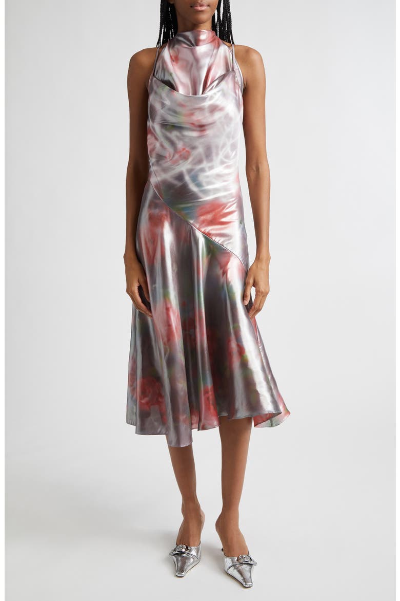 D-Ebra Halter Foiled Georgette Midi Dress, Main, color, BORDEAUX