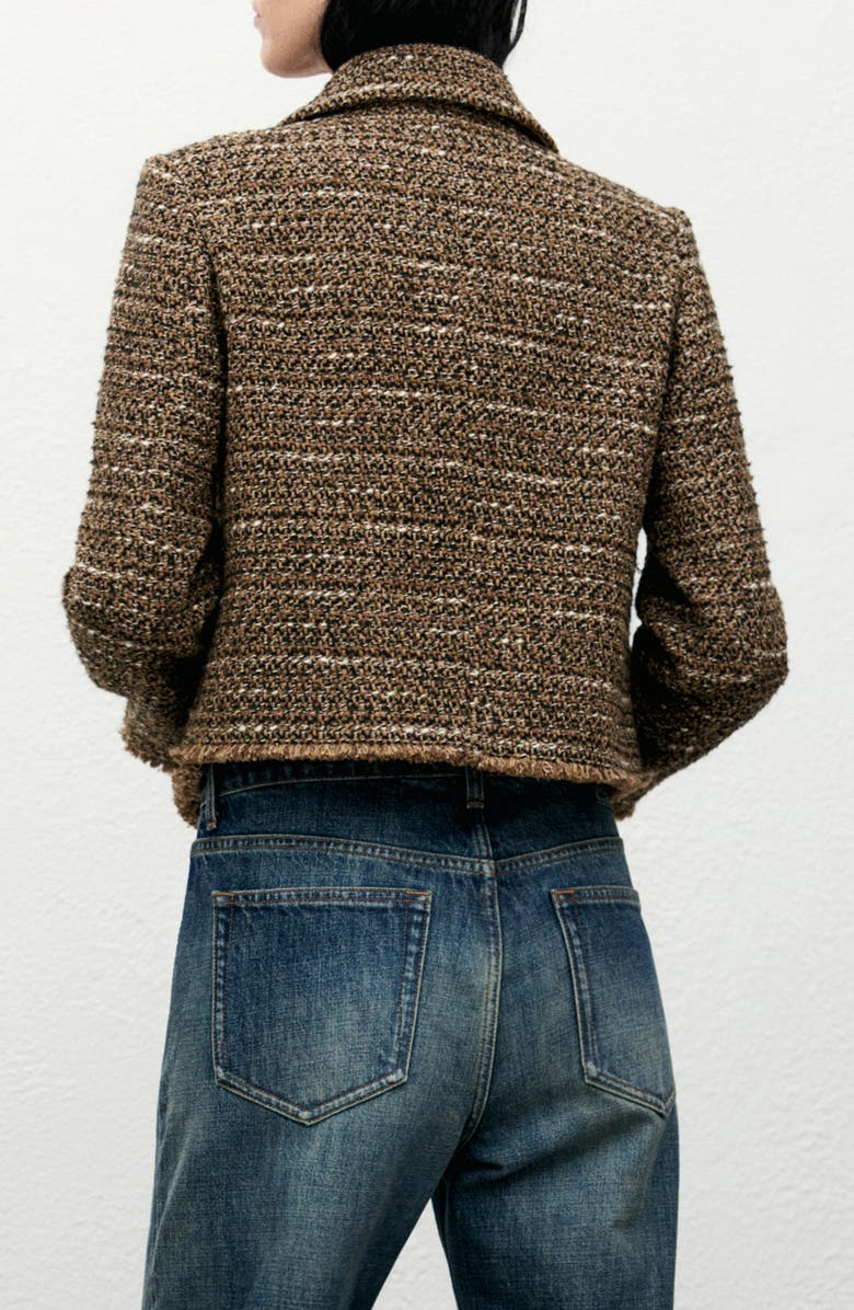 MANGO Fringe Tweed Jacket with Faux Fur, Alternate, color, Brown