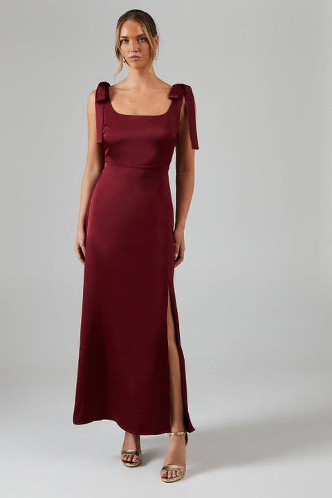 Satin Midi Tie Shoulder Bridesmaid Dress