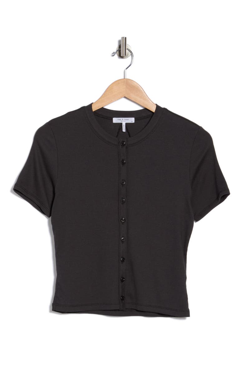 Essie Short Sleeve Button-Up Crop T-Shirt, Alternate, color, BLACK