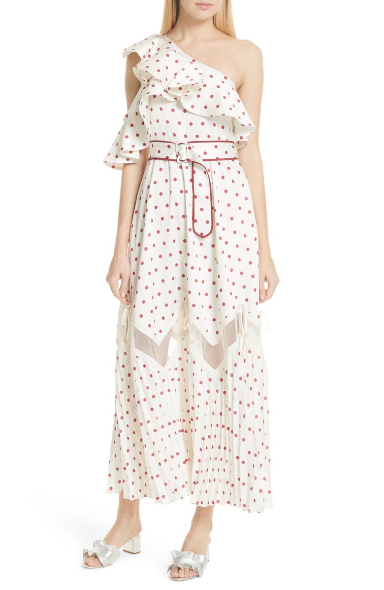 Self-Portrait Polka Dot Ruffle Satin Dress, Main, color, 