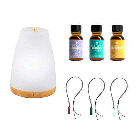 Zen Luxury Wellness Bundle Trinity Gemstone Necklace Set, Ultrasonic Aroma Diffuser & Essential Oils Trio