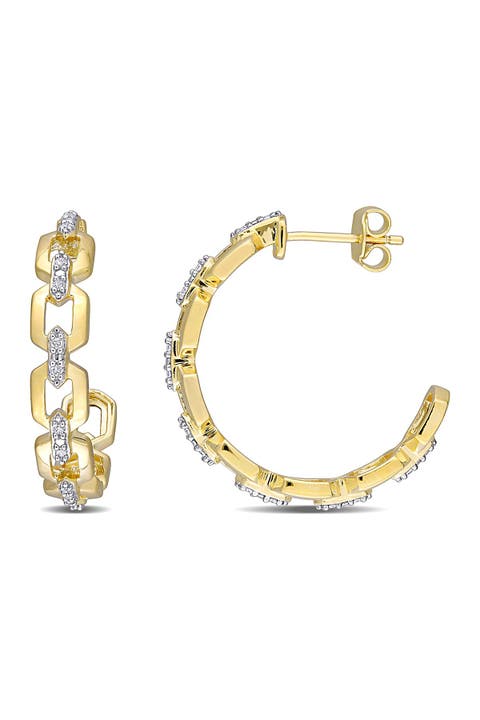18K Yellow Gold Plated Sterling Silver Diamond Link Hoop Earrings - 0.14ct.