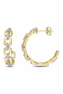 DELMAR 18K Yellow Gold Plated Sterling Silver Diamond Link Hoop Earrings - 0.14ct.