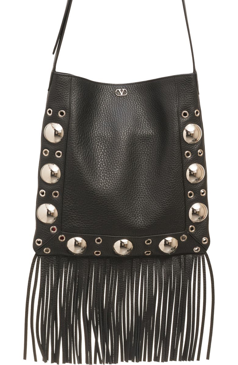 Valentino Garavani Medium Nellcôte Fringe Stud Crossbody Bag, Main, color, Nero