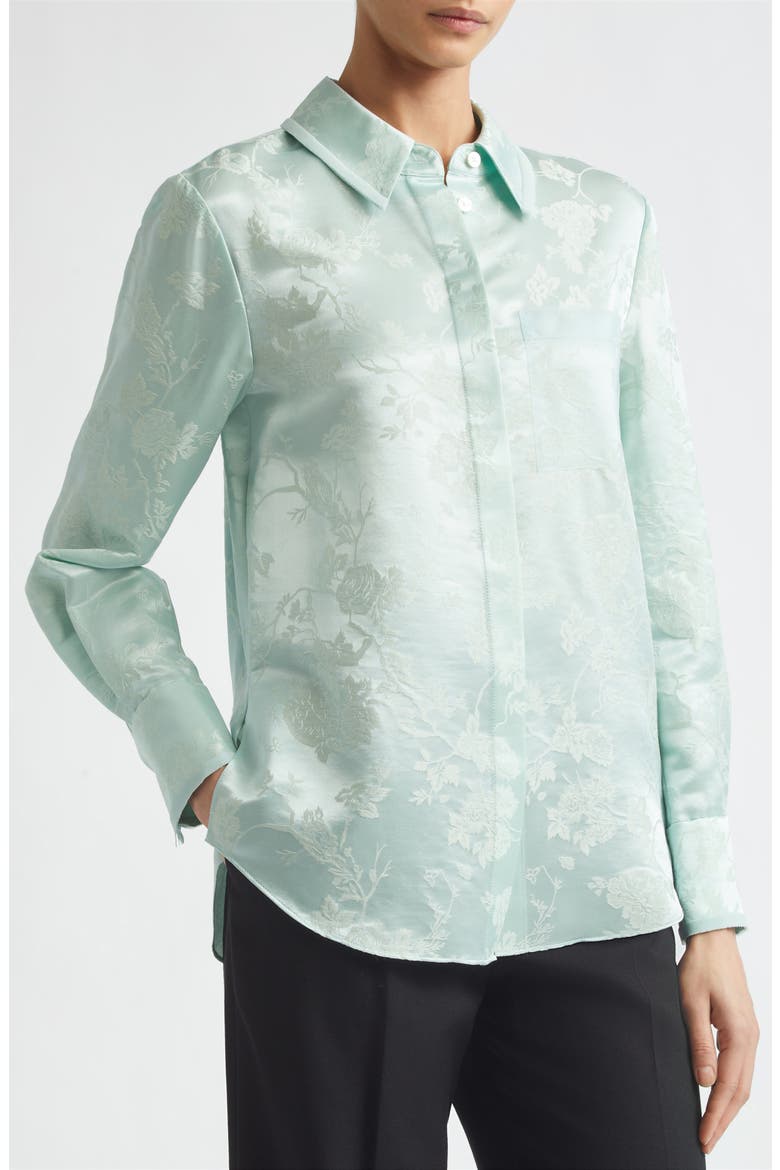 Floral Wool & Silk Satin Jacquard Button-Up Shirt, Alternate, color, LIGHT AQUA