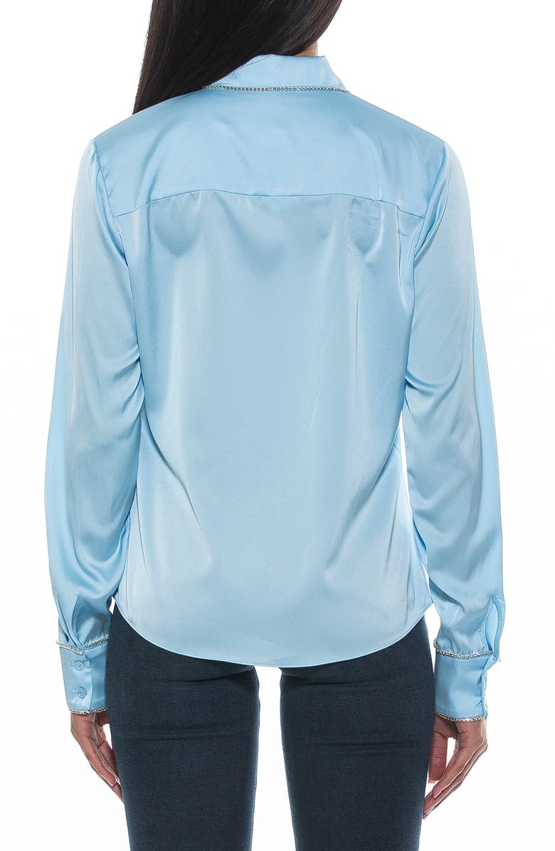 Alexia Admor Rachel Rhinestone Trim Satin Button-Up Blouse, Alternate, color, Halogen Blue