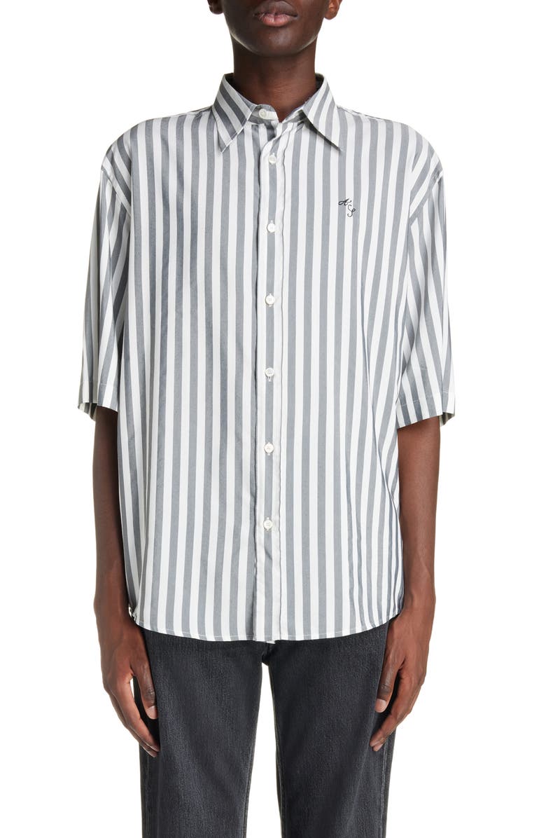 Acne Studios Embroidered Logo Stripe Button-Up Shirt, Main, color, Black/ White