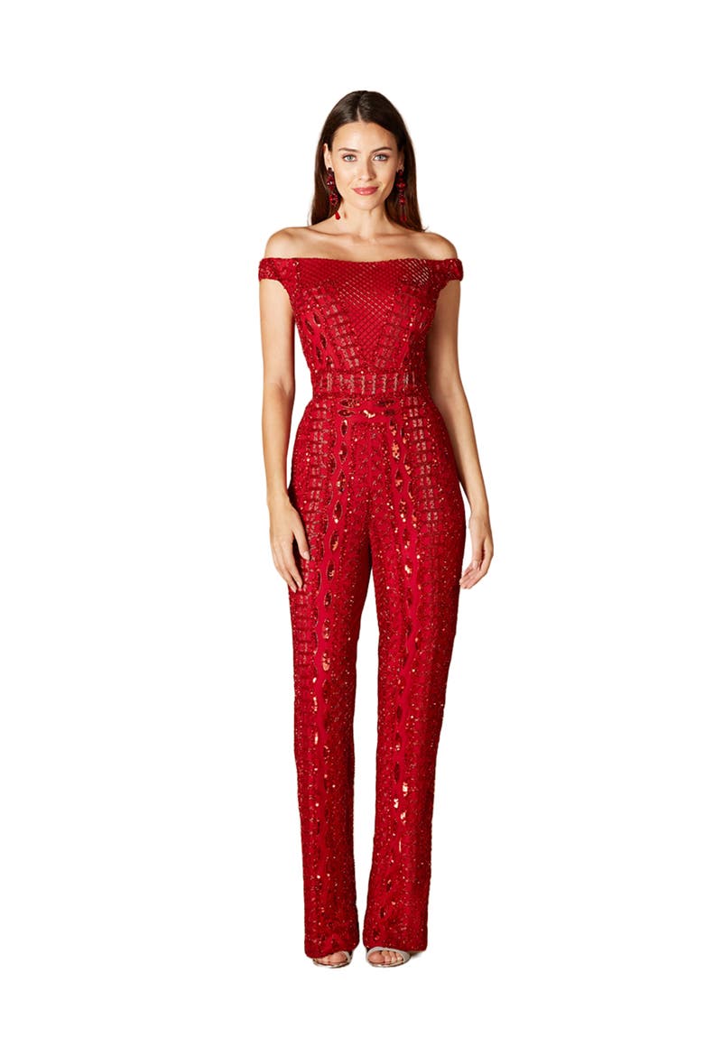 Beaded Off Shoulder Jumpsuit, Alternate, color, Red