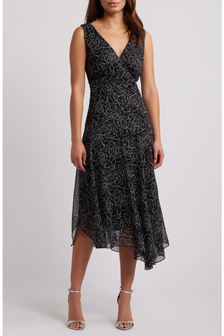 Floral Asymmetric Hem Chiffon Midi Dress, Main, color, BLACK