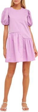 English Factory Puff Shoulder Mixed Media Minidress