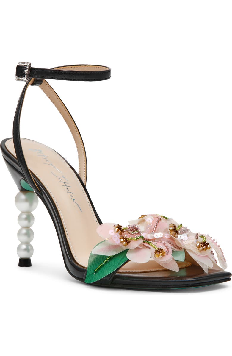 Betsey Johnson Kasie Beade Flower Ankle Strap Sandal, Main, color, Black